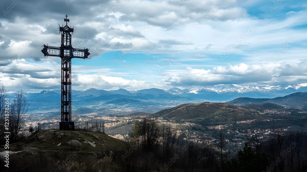 Obraz premium A tall cross with its base on the ground, standing in front of distant mountains