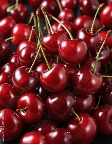 a bunch of ripe cherries with stems, vibrant red, glossy surface