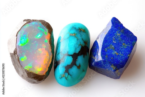 A collection of three stones with different colors on a white background photo