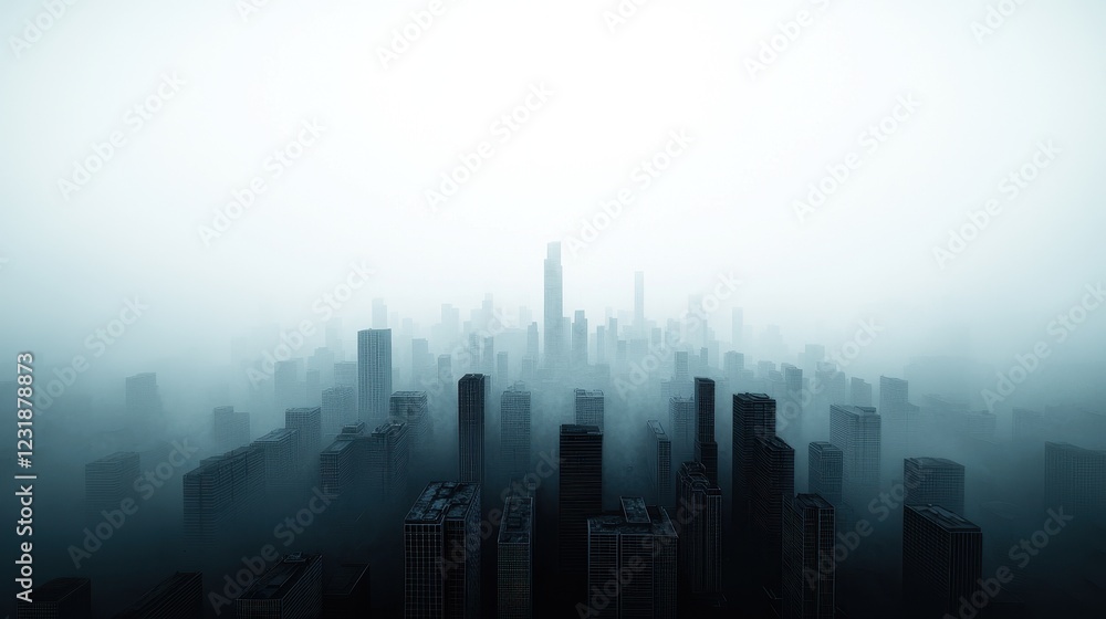 Foggy Urban Skyline with Tall Buildings and Mysterious Atmosphere Foggy Urban Skyline with Tall Buildings and Mysterious Atmosphere