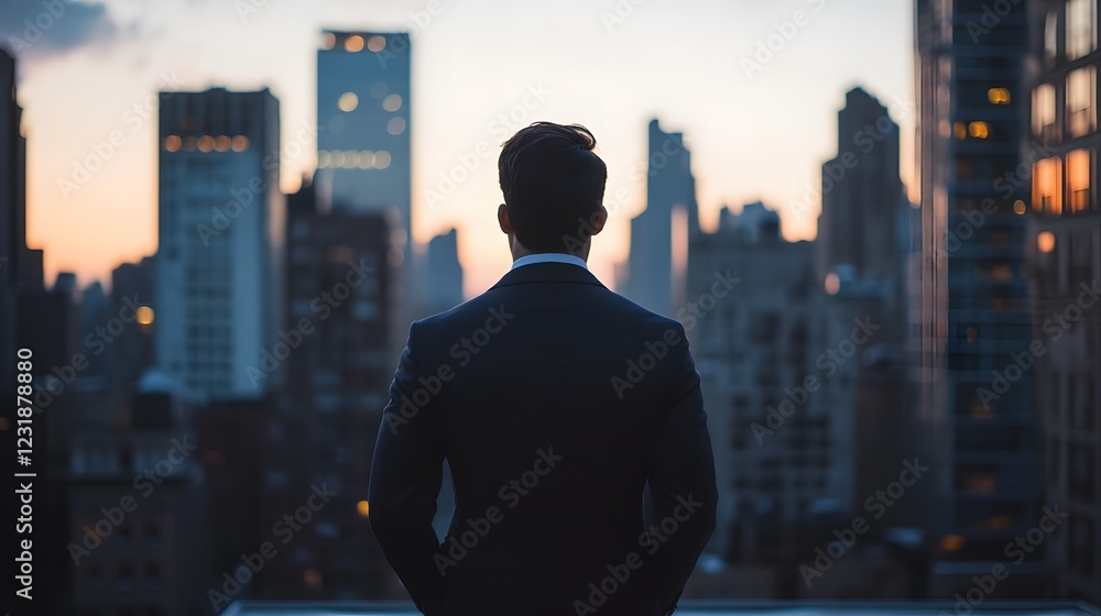 A man in a suit looking out from a rooftop terrace, with the skyline behind him A man in a suit looking out from a rooftop terrace, with the skyline behind him