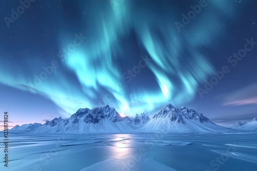 A snow-capped mountain range under a sky filled with vibrant, swirling auroras. The scene is tranquil and majestic, with the auroras reflecting off the snow and creating an otherworldly glow.