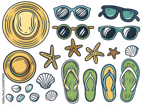 Hand drawn beach accessories set includes various sunglasses, flip flops, seashells, starfishes and straw hats, evoking a relaxing summer vacation vibe