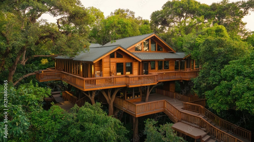 Serene Treehouse Retreat Nestled Among Lush Green Trees at Sunset Serene Treehouse Retreat Nestled Among Lush Green Trees at Sunset