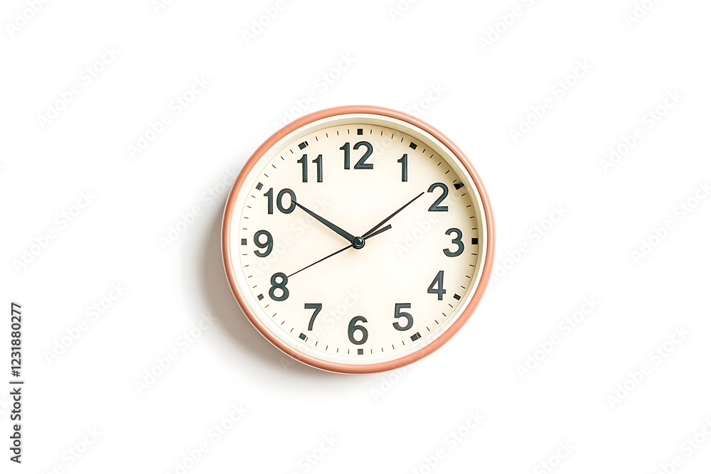 A pastel peach analog wall clock showing the time of 7:55. A pastel peach analog wall clock showing the time of 7:55.
