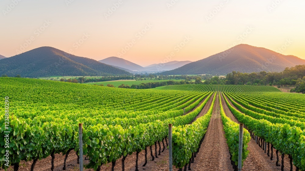 Fototapeta premium Scenic Vineyard Landscape at Sunset with Majestic Mountains