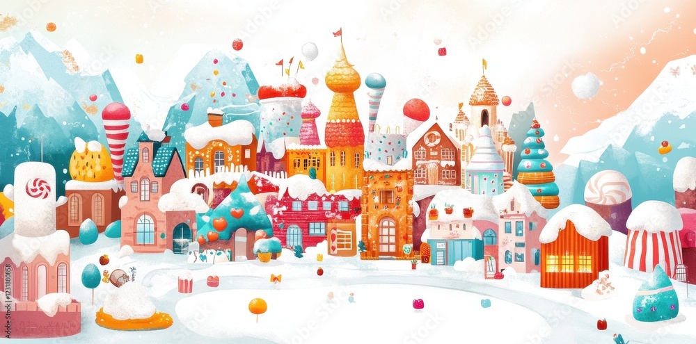 A whimsical candy village nestled in a snowy mountain landscape A whimsical candy village nestled in a snowy mountain landscape