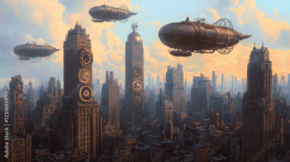 Naklejka premium Vintage Steampunk Airships Floating Over an Urban Landscape