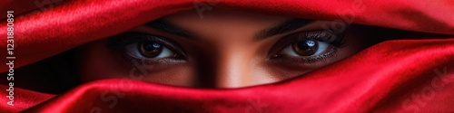 A close-up shot of a woman's eyes covered by a red cloth, with no additional context