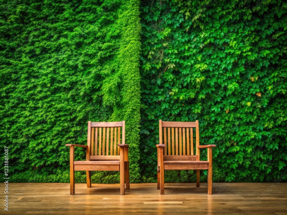 Tranquil scene: lush green wall, wooden chairs bathed in sunlight. Tranquil scene: lush green wall, wooden chairs bathed in sunlight.