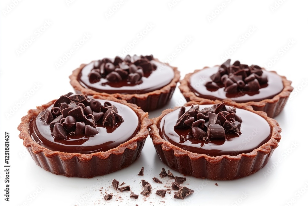 A collection of delicious-looking chocolate tarts arranged on a clean white surface, perfect for showcasing desserts or adding to food-related content A collection of delicious-looking chocolate tarts arranged on a clean white surface, perfect for showcasing desserts or adding to food-related content