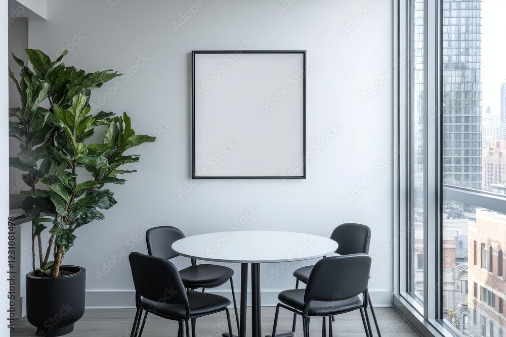 Fototapeta premium Modern minimalist dining area with blank frame, plant, and city view.