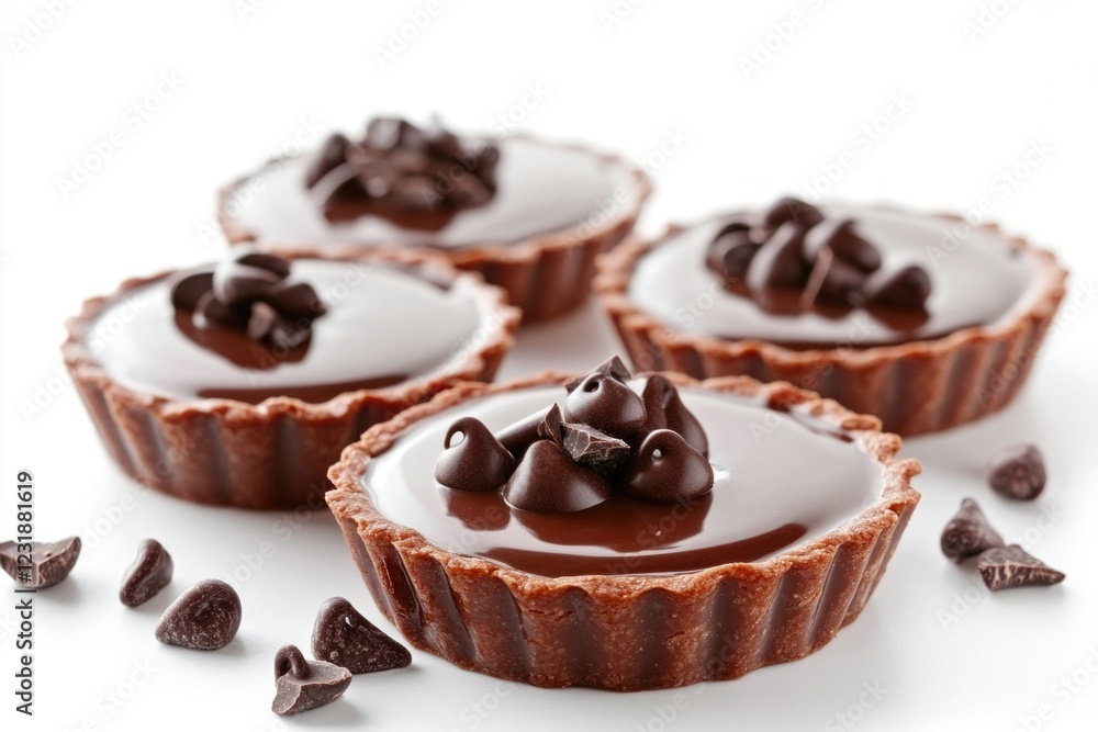 Close-up shot of four chocolate tarts on a white surface, perfect for food and dessert images Close-up shot of four chocolate tarts on a white surface, perfect for food and dessert images
