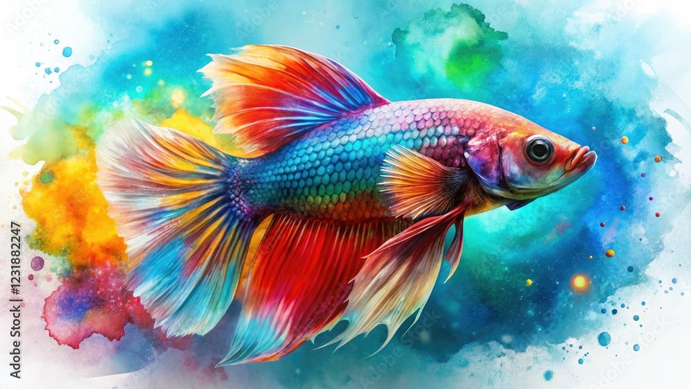 Fototapeta premium Vibrant betta fish dance in a watercolor double exposure, an abstract aquatic dream.