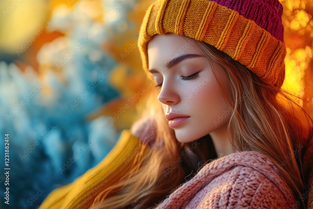 Fototapeta premium A woman with long hair wearing a knit hat, great for outdoor or winter theme images