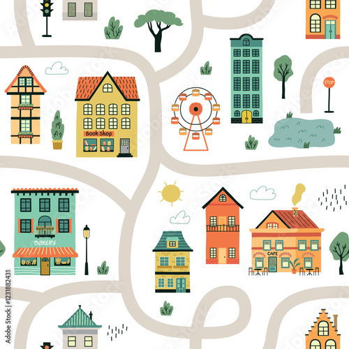 Little european houses and stores facades. Cute cottages and shops repeated background, streets map, kids print, vector seamless pattern