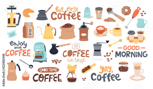 Making coffee accessories with short cute text. Cartoon hot invigorating drink elements, french press, coffee machine, grains, vector set