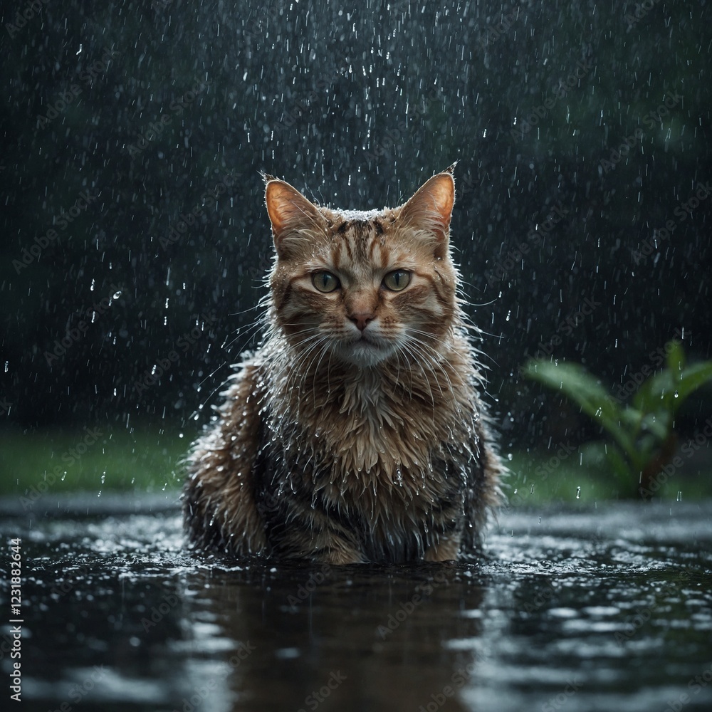 A cat made of water, dissolving as the rain falls around it. A cat made of water, dissolving as the rain falls around it.