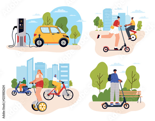 People travel by electric transport. different types of ecological urban mobile vehicles, eco car charging station, happy riders, vector set