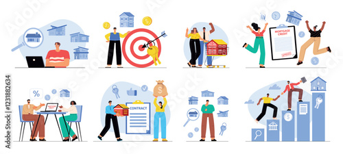 People taking out real estate loan. Cartoon couples and families in mortgage credit, happy men and women who paid debt to bank. vector set