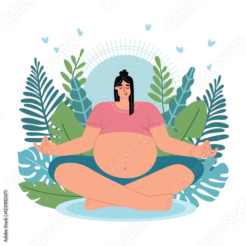 Pregnant woman sitting in lotus position. Harmony and meditation, happy expectant mother does yoga, cartoon girl relax, vector illustration