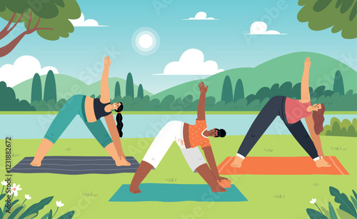 Pregnant team does yoga class. Girls do exercises in nature, expectant mothers do stretching in city park, healthy life, vector illustration