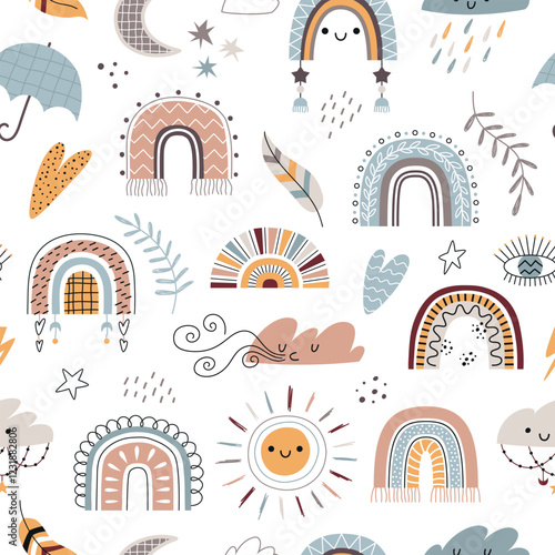 Scandi boho elements. Cute gentle colors rainbows, clouds and sun, baby weather icons, repeated kids background, vector seamless pattern