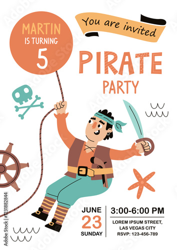 sea robbers birthday poster. boys party invitation, holiday flyer, kids funny elements, pirate sailor with saber on rope, vector banner