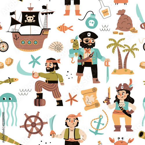 seamless pirate elements. Cartoon sea robbers repeated objects, funny captain, sailor and cabin boy, boys nursery prints, vector pattern