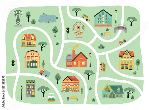 Small houses city map. Streets plan with cartoon buildings facades and park elements, cottages and stores, kids carpet, vector illustration