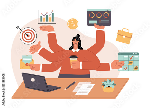 Successful business lady in office workplace. Cartoon multitasking woman, productive and efficient employee character, vector illustration
