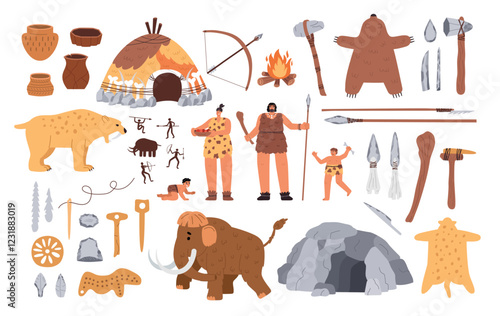 Stone age people and elements. Primitive man, woman and children, caveman family, mammoth, saber toothed tiger, hunting tools, vector set