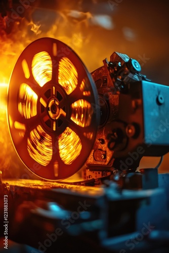 A close-up view of a movie projector on a table, perfect for use in media-related projects or film-inspired designs
