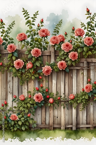 A rustic fence adorned with climbing roses in watercolor style