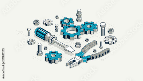 Repair and maintenance concept, technics service, gears and tools in 3D isometric projection vector illustration, technical mechanical workshop.