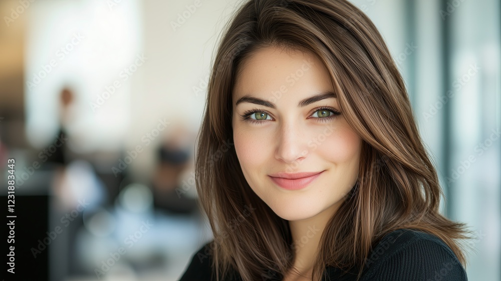 A woman with brown hair and green eyes is smiling. She is wearing a black sweater. There are two other people in the background A woman with brown hair and green eyes is smiling. She is wearing a black sweater. There are two other people in the background