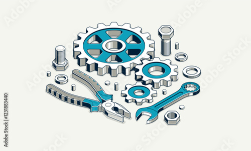 Mechanical engineering concept, gears and tools in 3D isometric projection vector illustration, cogwheels and cogs system technology and technics work in progress.