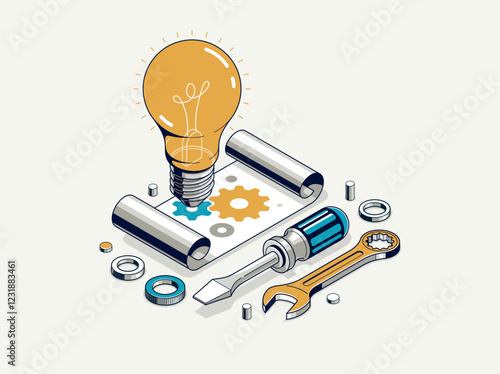 Engineering idea concept, innovation, invention and solution concept, light bulb vector 3D isometric illustration, mechanical engine works.