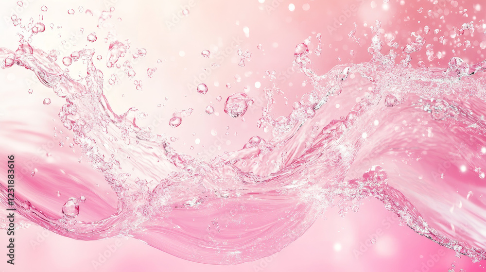 Red water splash wave with air bubbles and sparkles. Dynamic motion of liquid with, pure hydration element for cosmetics or drink ad isolated on pink background. Realistic 3d vector illustration Red water splash wave with air bubbles and sparkles. Dynamic motion of liquid with, pure hydration element for cosmetics or drink ad isolated on pink background. Realistic 3d vector illustration