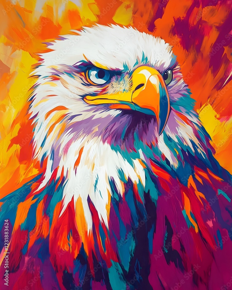 Obraz premium Painted portrait of an eagle in various vibrant colors