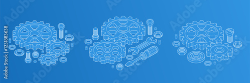 Mechanical engineering concept set, gears and cogs composition isometric 3D vector illustration, cogwheels system technology and technics machinery engine.