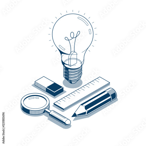 Creative idea concept, light bulb with pencil 3D isometric vector design, engineering project, education and learning, invention and solution concept.