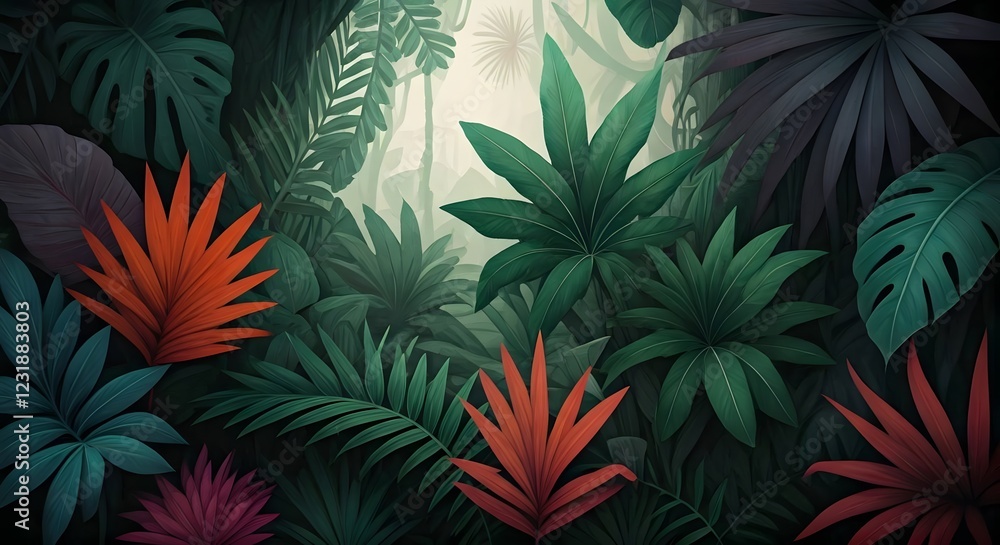 An abstract jungle of vibrant tropical hues with bold leaf-like shapes, AI Generated An abstract jungle of vibrant tropical hues with bold leaf-like shapes, AI Generated