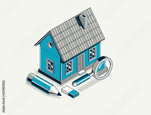 House project concept, 3D isometric vector illustration of a small house building project, construction architectural model, residential family small house.