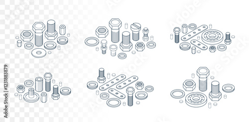 Bolts and nuts vector 3D isometric set, repair and maintenance service concept.