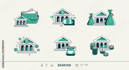 Banking vector detailed icons set, bank building and cash money, deposit and credit, online banking, personal account.