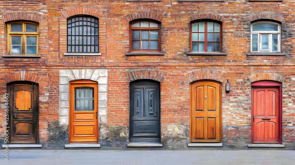 House entrances with different doors in brick wall. Vector cartoon set of doorways, wooden gates in classic style with glass, handles, mailboxes and bushes outside House entrances with different doors in brick wall. Vector cartoon set of doorways, wooden gates in classic style with glass, handles, mailboxes and bushes outside