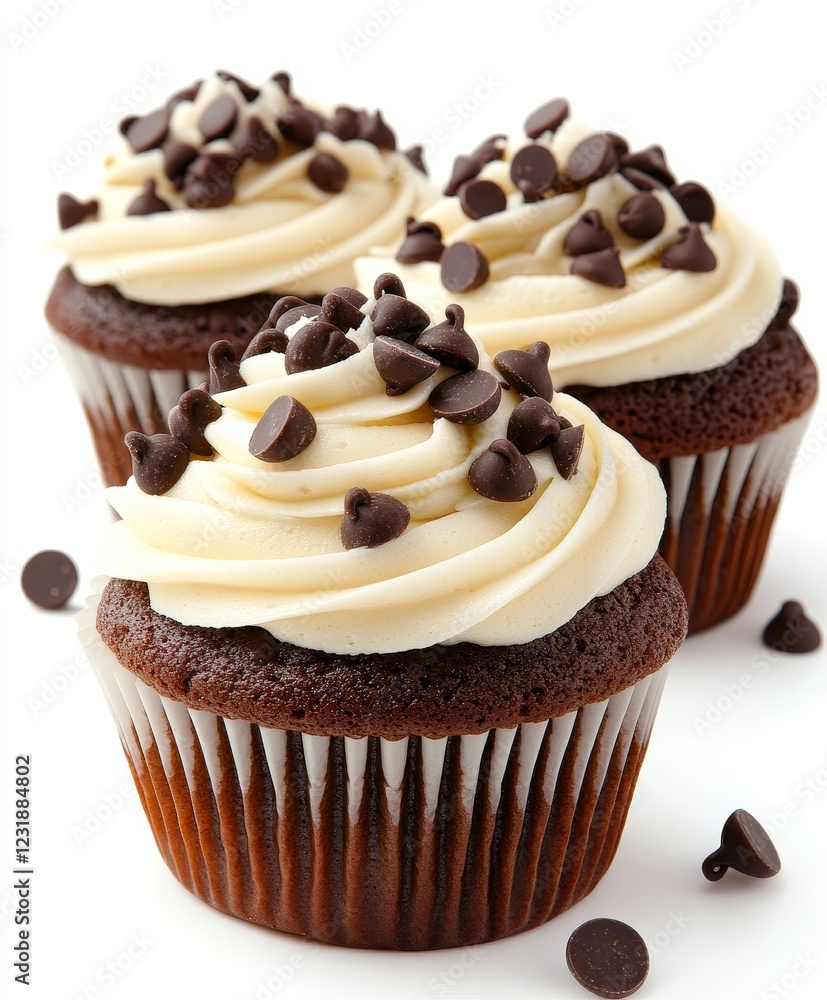 Three chocolate cupcakes with vanilla frosting and chocolate chips. Three chocolate cupcakes with vanilla frosting and chocolate chips.