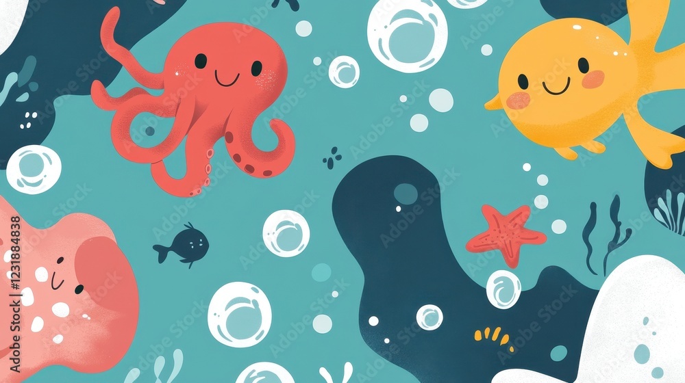 Happy Octopuses Swim In An Underwater Scene Happy Octopuses Swim In An Underwater Scene