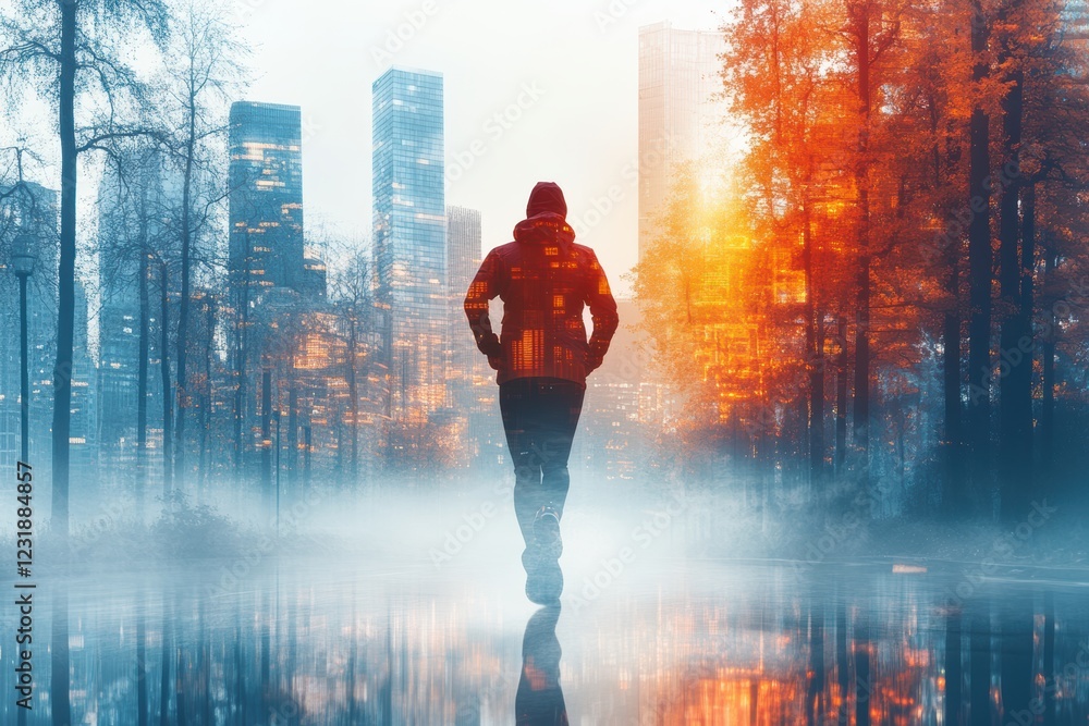 Fototapeta premium A person walks through a foggy forest, surrounded by towering skyscrapers and vibrant autumn colors, showcasing the blend of urban and natural landscapes.